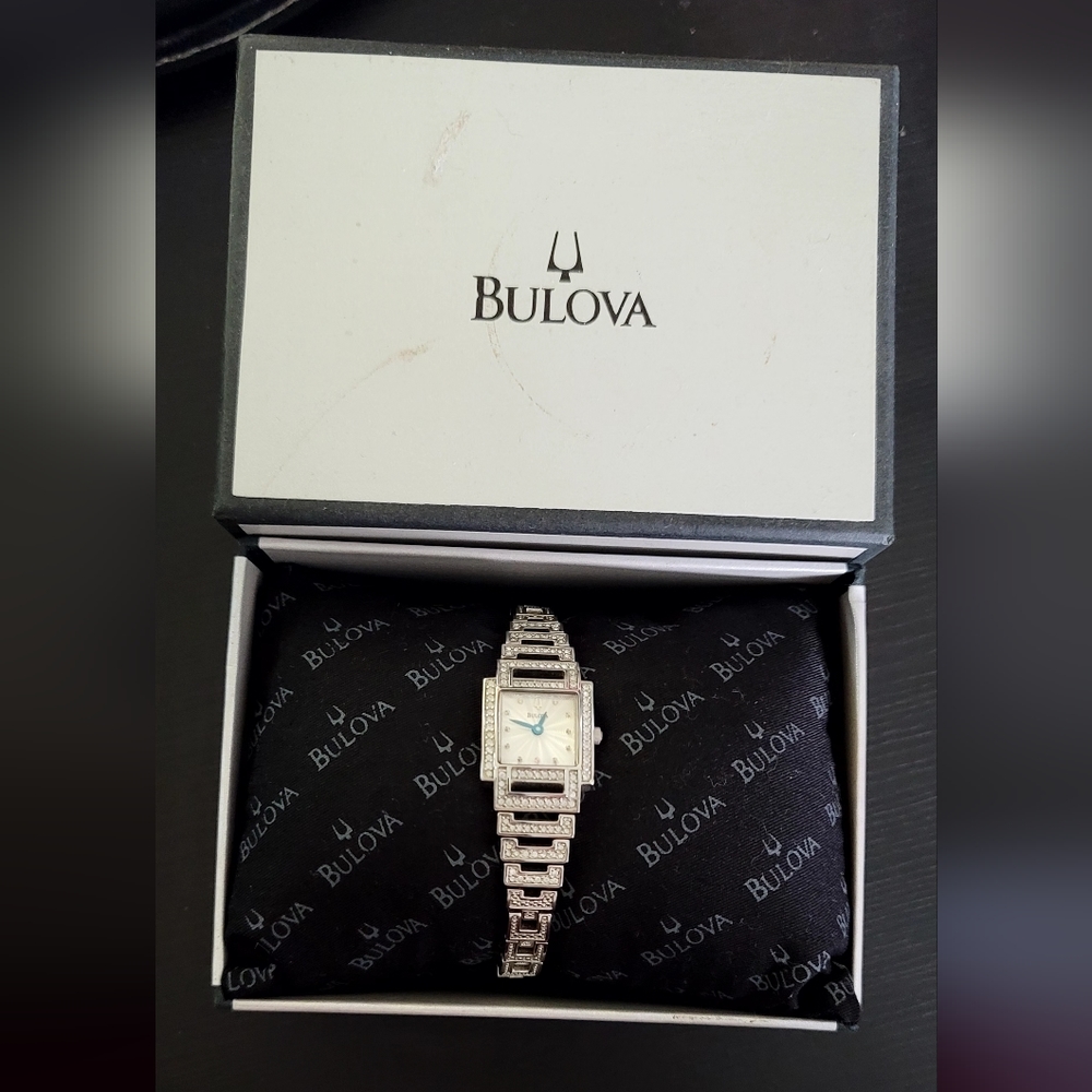 Ladies' Bulova Crystal Accent Watch with Square Silver-Tone Dial